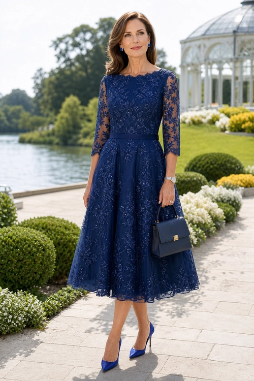 Navy Lace Midi Dress Outfit Woman wearing a navy lace midi dress with blue heels and carrying a black handbag in a garden setting.