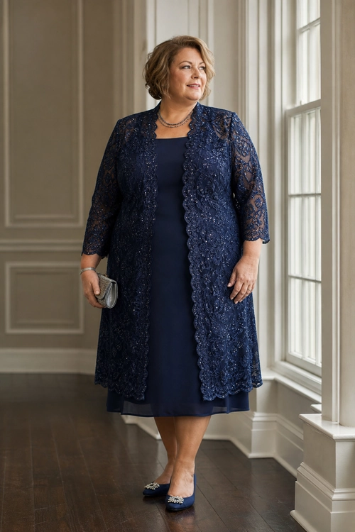 Navy Lace Overlay Dress A woman wears a navy dress with a sheer lace overlay, matching flats, a necklace, and a silver clutch.