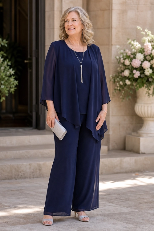 Navy Blue Layered Wide-Leg Outfit A woman wears a navy blue layered tunic with sheer sleeves and wide-leg trousers, styled with a long pendant necklace, silver clutch, and metallic sandals.