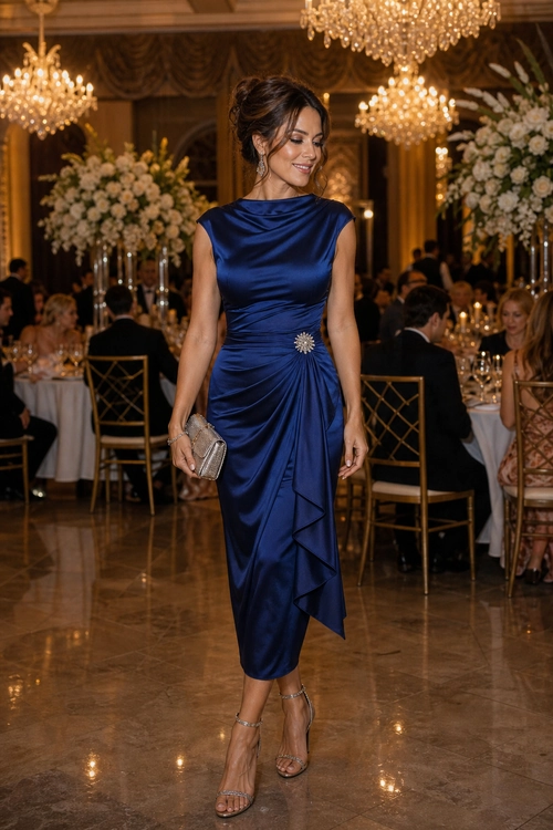 Woman wearing a navy satin draped dress with a jeweled waist detail, metallic clutch, and strappy heels at an elegant dinner reception.