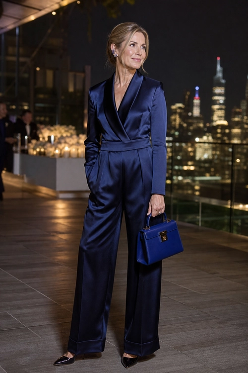 Navy Satin Jumpsuit Outfit A woman wears a navy satin wrap-style jumpsuit with wide-leg trousers, black pointed-toe shoes, and a structured blue handbag.