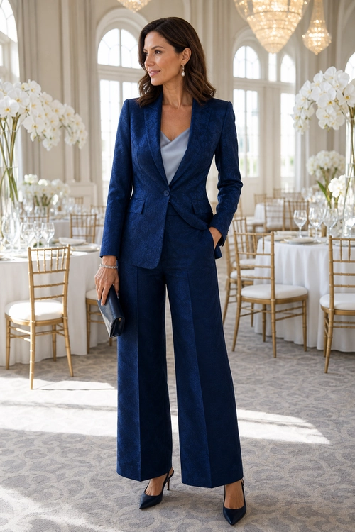 Navy Blue Tailored Suit with Satin Top Woman wearing a navy blue tailored blazer and wide-leg trousers with a pale blue satin top, black pointed heels, and a black clutch.