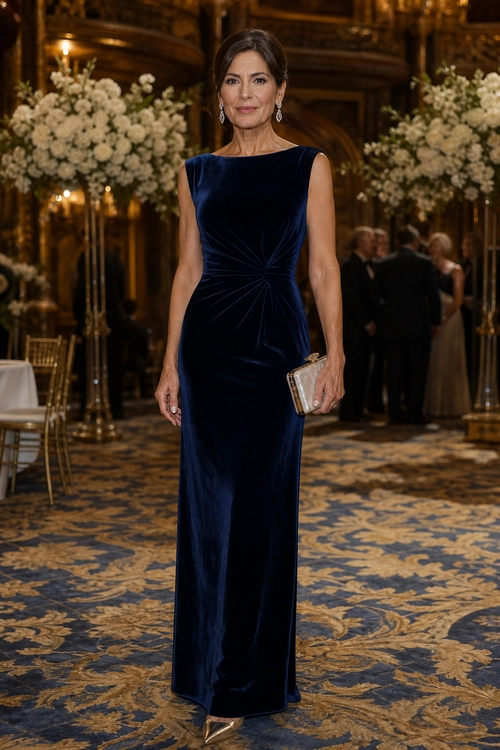 Navy Velvet Evening Gown Woman wearing a sleeveless navy velvet floor-length gown with a metallic clutch and pointed heels.