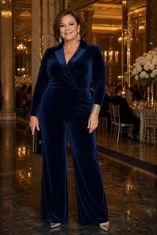 Navy Velvet Evening Jumpsuit A woman wears a navy velvet wide-leg jumpsuit with pointed silver shoes, a black clutch, drop earrings, and a metallic cuff bracelet.