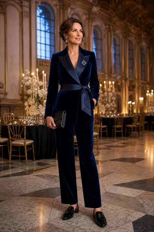 Navy Velvet Evening Suit A woman wears a navy velvet wrap blazer with matching wide-leg trousers, black loafers, and a black clutch in an elegant candlelit room.