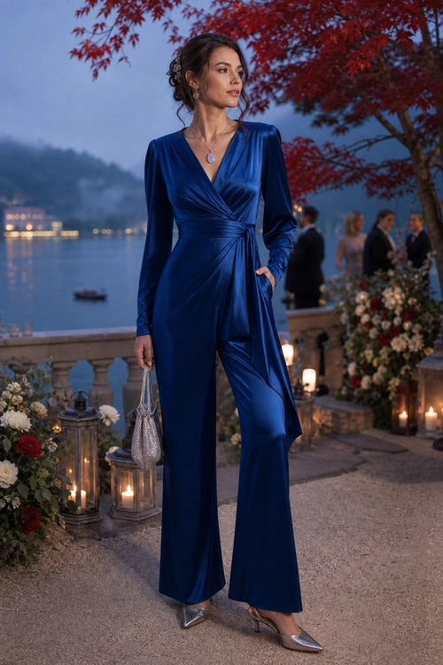 Navy Satin Wrap Jumpsuit Woman wearing a navy blue long-sleeve wrap jumpsuit with silver heels and a beaded clutch at an evening lakeside event.