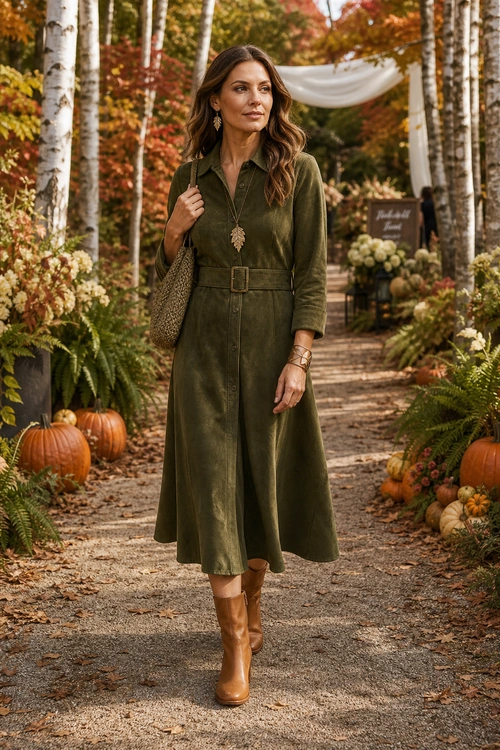 Olive Belted Shirt Dress Outfit Woman wearing an olive green belted shirt dress with brown leather boots, a woven shoulder bag, and layered jewelry.