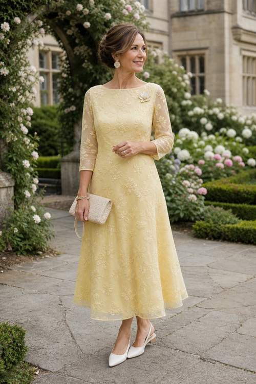 Pale Yellow Lace Midi Dress A woman wears a pale yellow lace midi dress with three-quarter sleeves, white pointed-toe heels, and a beige clutch in a garden setting.