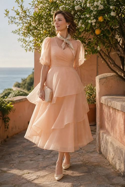 Peach Tiered Midi Dress Outfit Woman wearing a peach puff-sleeve tiered midi dress with a neck scarf, woven clutch, pearl earrings, and nude pointed heels.
