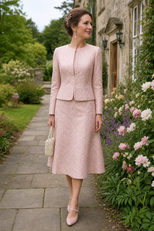 Pink Brocade Jacket and Midi Skirt Outfit A woman wears a pale pink textured jacket with a matching midi skirt, pink strap shoes, and a beaded handbag in a garden setting.