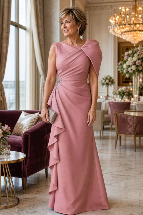 Pink Draped Evening Gown A woman wears a floor-length pink evening gown with a draped shoulder detail, jeweled waist accent, cascading ruffle, and silver clutch.