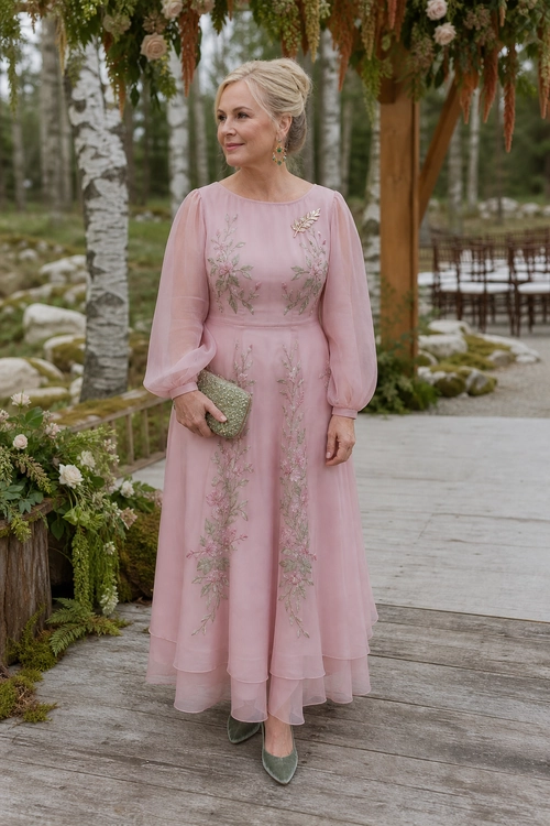 Pink Embroidered Garden Dress A woman wears a long pink embroidered dress with sheer sleeves, green shoes, and a textured clutch in a flower-filled garden.