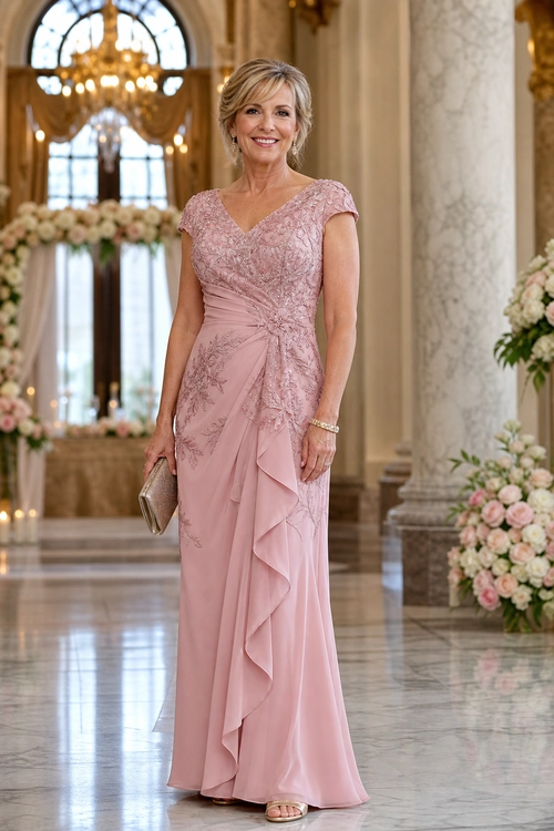 Pink Lace Ruffle Gown A woman wears a blush pink lace gown with cap sleeves, a draped ruffle skirt, and a metallic clutch.