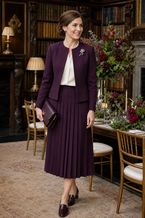 Plum Blazer and Pleated Skirt Outfit A woman wears a plum blazer with a cream blouse, matching pleated midi skirt, burgundy loafers, and a coordinating clutch.