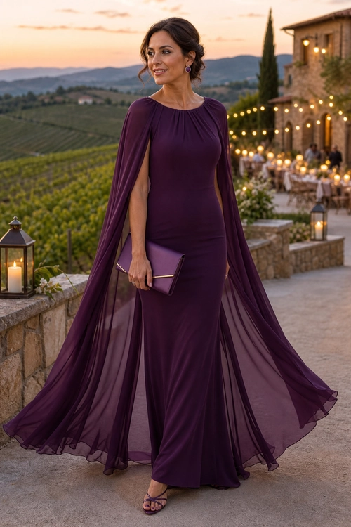 Plum Cape Sleeve Evening Gown A woman wears a floor-length plum gown with sheer cape sleeves, a matching clutch, drop earrings, and strappy sandals.
