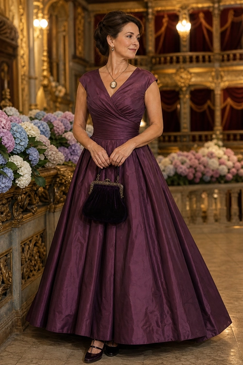 Plum Draped Evening Gown A woman wears a plum satin evening gown with a ruched V-neck bodice, full skirt, pendant necklace, black handbag, and strappy shoes.