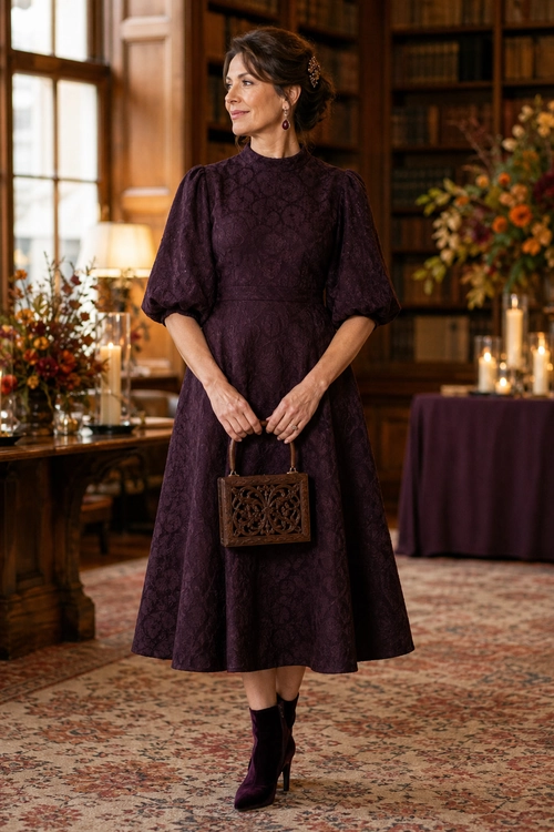 Plum Jacquard Midi Dress Outfit A woman wears a dark plum jacquard midi dress with puff sleeves, ankle boots, drop earrings, and a carved brown handbag.