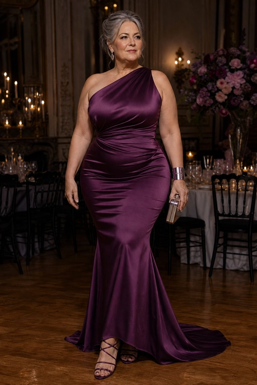A woman wears a plum satin one-shoulder mermaid gown with strappy heels, a metallic clutch, and coordinating jewelry.