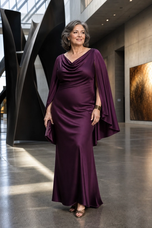 Plum Satin Cape-Sleeve Gown A woman wears a floor-length plum satin gown with a draped neckline, flowing cape sleeves, gold earrings, a cuff bracelet, and metallic sandals.