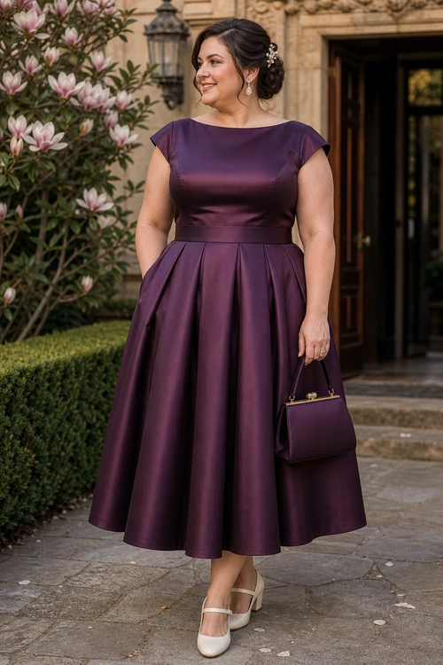 Plum Satin Midi Dress Outfit A woman wears a plum satin cap-sleeve midi dress with cream heels and a matching structured handbag.