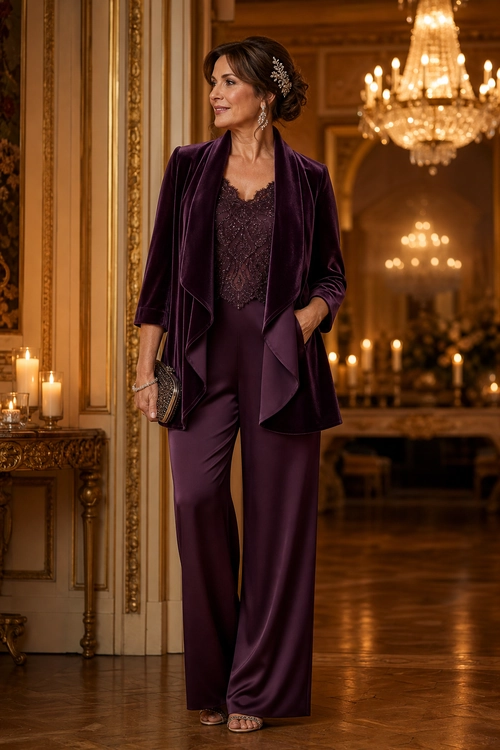 Plum Velvet Evening Suit A woman wears a deep plum velvet blazer over a lace-trimmed camisole with wide-leg trousers, heeled sandals, and a small clutch.