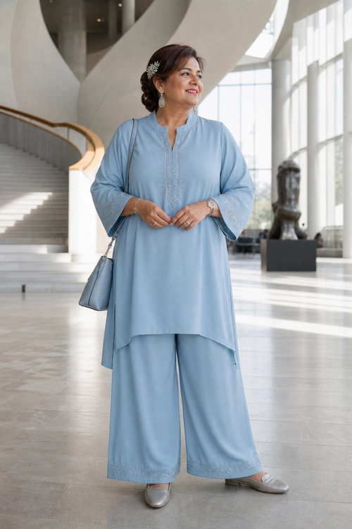 Powder Blue Tunic and Wide-Leg Pants A woman wears a powder blue tunic with wide-leg pants, silver flats, a matching handbag, and delicate jewelry.