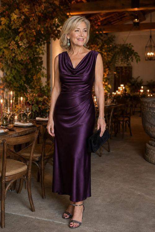 Woman wearing a sleeveless purple draped satin dress with metallic strappy sandals and a black clutch.