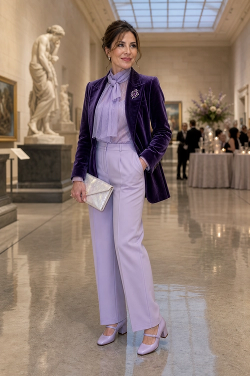 Purple Velvet Blazer and Lavender Trousers Woman wearing a purple velvet blazer over a lilac scarf-neck blouse with lavender wide-leg trousers, matching heels, and a metallic clutch.