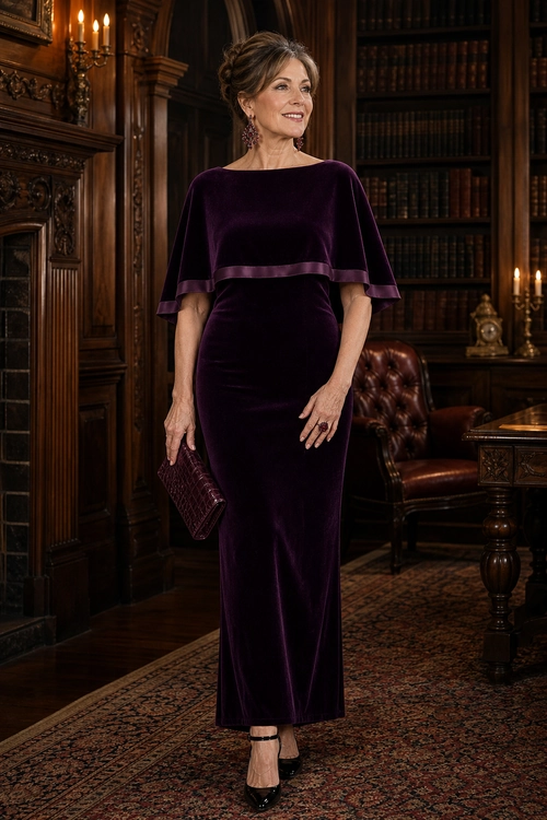 A woman wears a deep purple velvet midi dress with flutter sleeves, a matching clutch, drop earrings, and black pointed-toe heels.