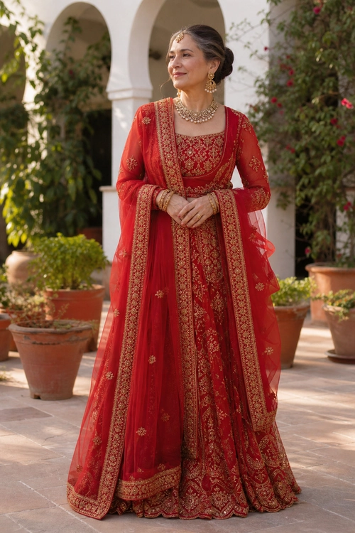 Red Embroidered Festive Outfit A woman wears a floor-length red embroidered South Asian outfit with a sheer embellished dupatta and gold jewelry.