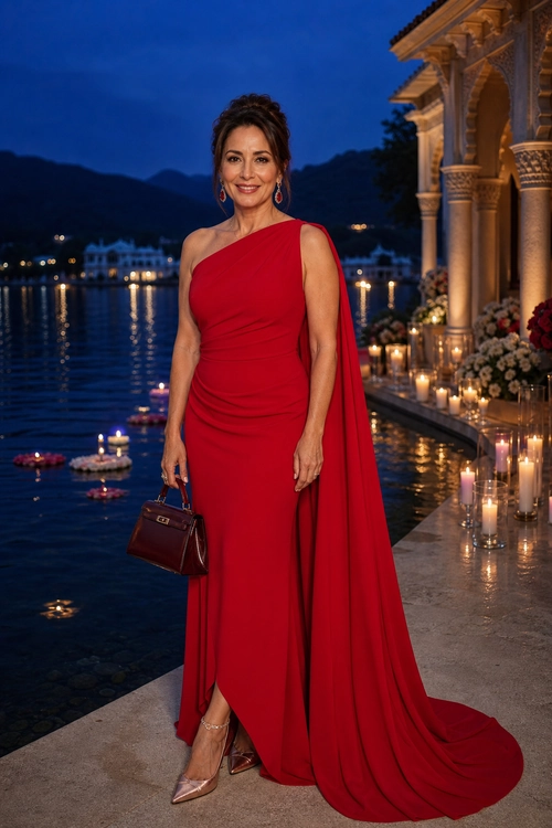 Red One-Shoulder Evening Gown A woman wears a red one-shoulder gown with a long draped train, nude pointed-toe heels, drop earrings, and a burgundy handbag.
