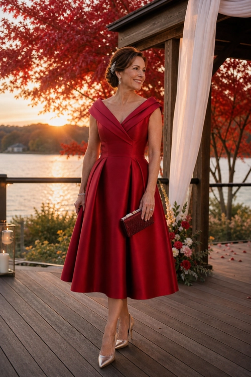 Woman wearing a sleeveless red satin A-line dress with a wrap neckline, dark clutch, and pointed heels by a lakeside wedding setting.