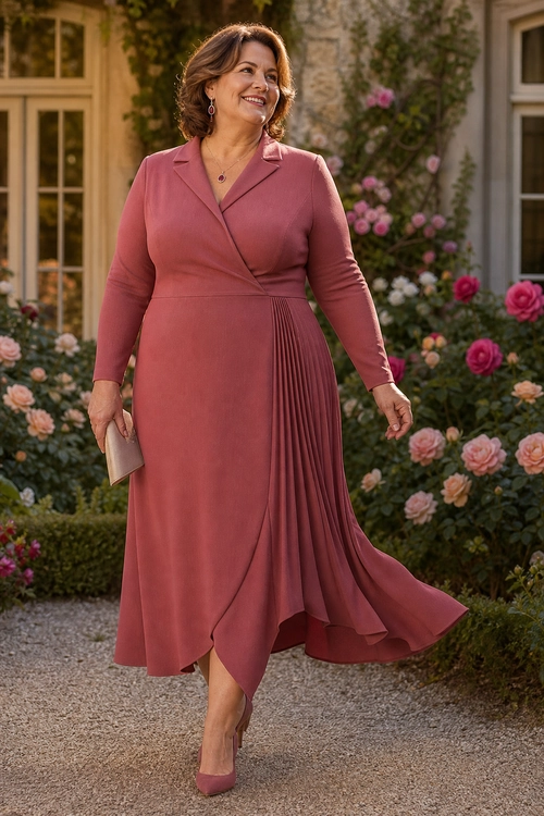 Rose Pleated Wrap Dress A woman wears a rose-colored long-sleeve wrap dress with a pleated asymmetric skirt, matching pumps, and a small clutch in a flower-filled garden.
