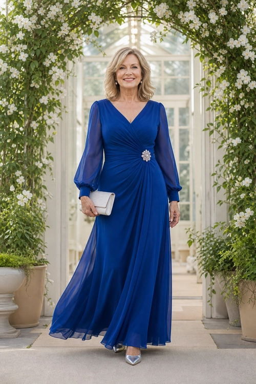 Royal Blue Evening Dress A woman wears a flowing royal blue floor-length dress with sheer sleeves, a jeweled waist brooch, a white clutch, and silver pointed heels.