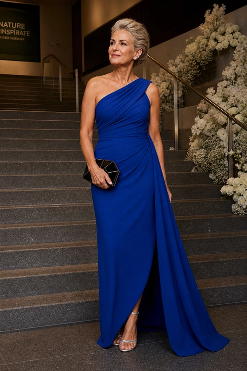 Royal Blue One-Shoulder Evening Gown Woman wearing a royal blue one-shoulder ruched evening gown with matching clutch and pointed heels.