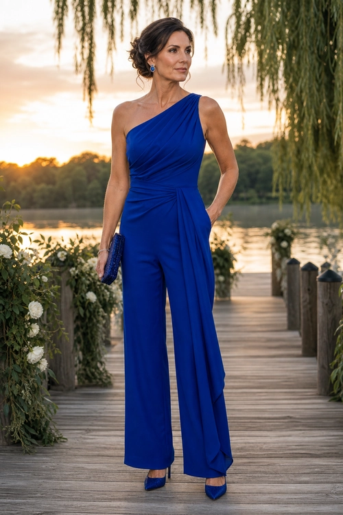 Royal Blue One-Shoulder Jumpsuit A royal blue one-shoulder jumpsuit styled with matching pointed-toe heels and a clutch.