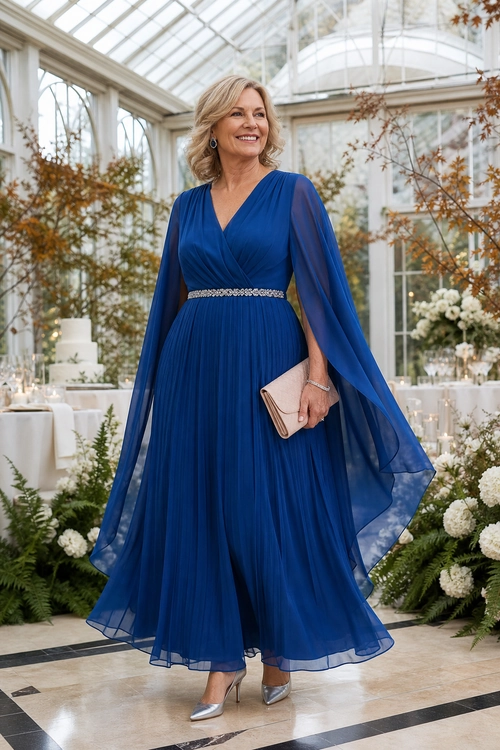 A woman wears a royal blue pleated maxi dress with sheer flowing sleeves, a jeweled waist belt, silver pointed pumps, and a blush clutch.