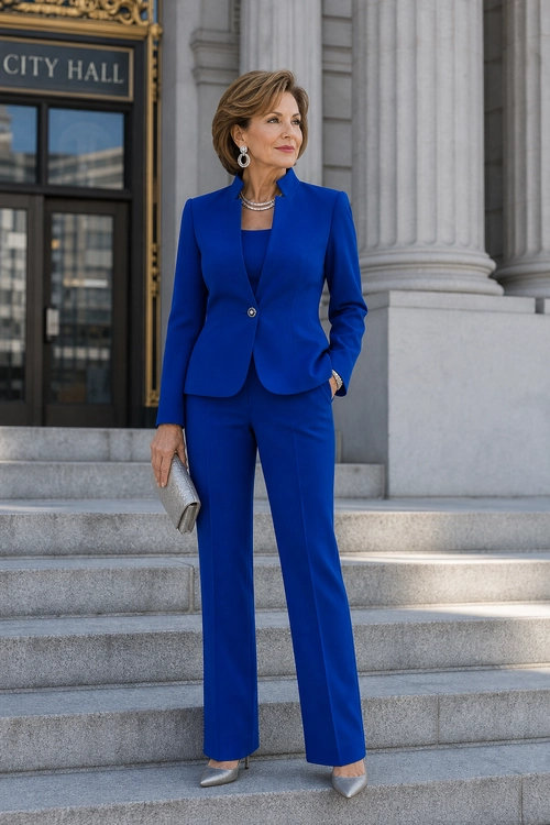 Royal Blue Power Suit A woman wears a royal blue blazer and matching wide-leg trousers with silver accessories and pointed heels.