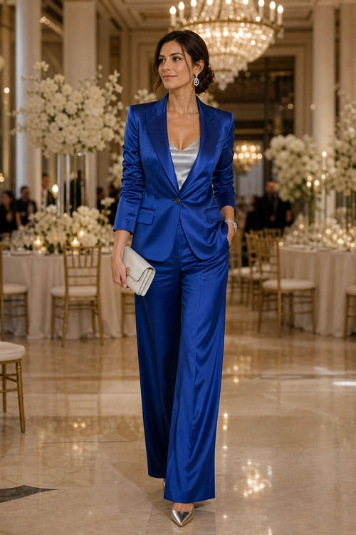 A woman wears a royal blue satin blazer and wide-leg trousers with a silver camisole, cream clutch, and metallic pointed-toe shoes.