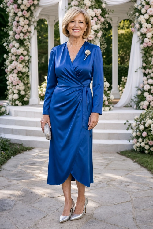 Woman wearing a royal blue long-sleeve wrap dress with a floral brooch, silver pointed heels, and a silver clutch.
