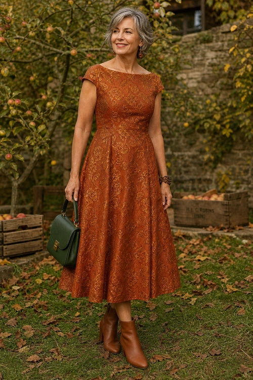 A woman wears a rust brocade midi dress with brown ankle boots and carries a dark green handbag.
