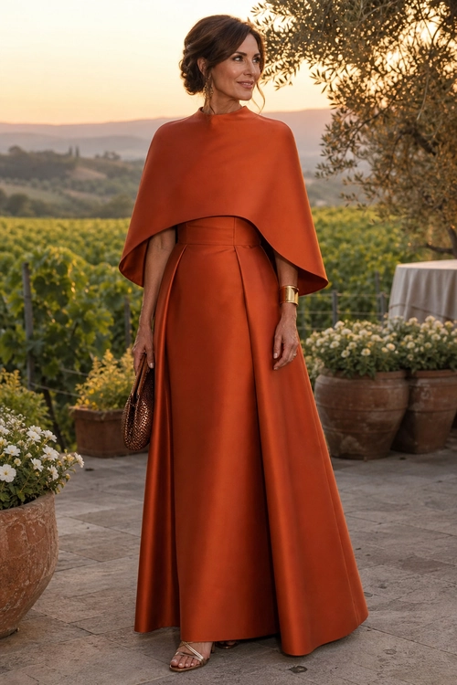 Rust Cape and Wide-Leg Outfit A woman wears a rust-colored draped cape top with matching high-waisted wide-leg trousers, flat sandals, a woven clutch, and a metallic cuff bracelet.