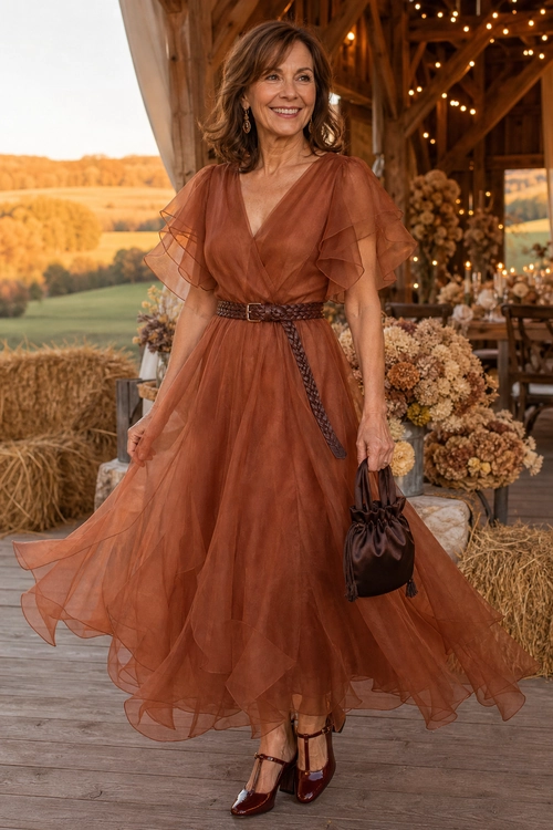 A flowing rust chiffon wrap dress with flutter sleeves, a braided belt, burgundy heels, and a dark drawstring handbag.