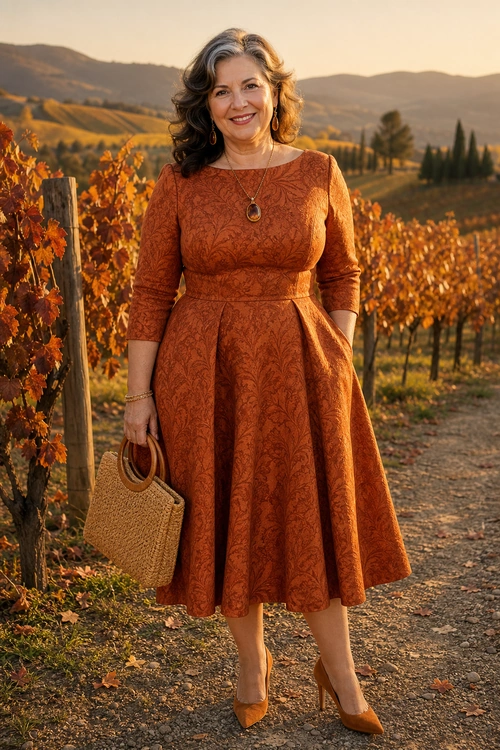A woman wearing a rust-orange patterned long-sleeve midi dress with matching pointed heels and carrying a woven tote in a vineyard.