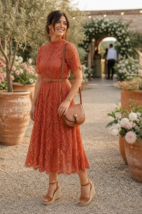 Rust Lace Midi Dress Outfit Woman wearing a rust-colored lace midi dress with a tan belt, brown shoulder bag, and wedge sandals in a garden setting.
