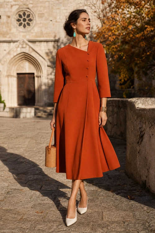 Rust Orange Button-Front Midi Dress A woman wears a rust orange long-sleeve midi dress with white pointed heels, turquoise earrings, a woven handbag, and a gold bracelet.