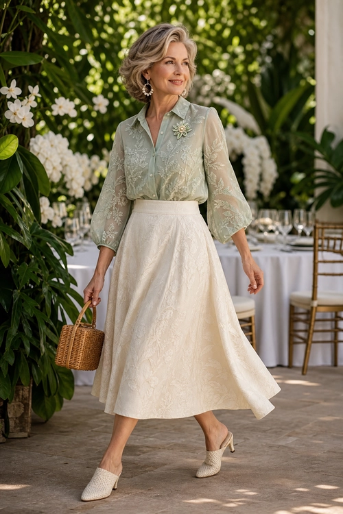 A sage green embroidered blouse with a floral brooch is paired with a cream midi skirt, woven handbag, and cream mule heels.