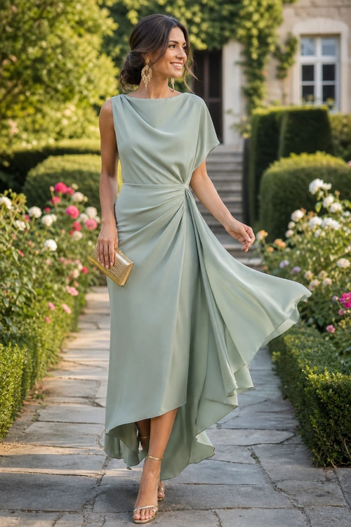 Sage Green Draped Dress A woman wears a sage green draped dress with a flowing asymmetrical hem, metallic sandals, drop earrings, and a gold clutch.