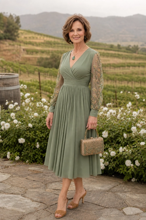 Sage Green Embroidered Sleeve Dress Woman wearing a sage green midi dress with embroidered sheer sleeves, a pendant necklace, a beaded clutch, and heeled sandals in a flower garden.