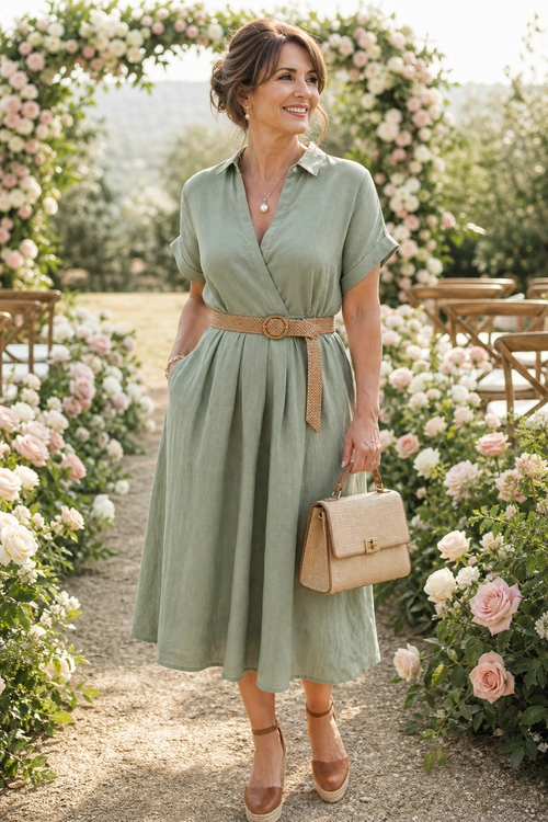 Sage Green Garden Party Outfit Woman wearing a sage green midi shirt dress with a tan woven belt, matching handbag, and ankle-strap sandals in a rose garden.